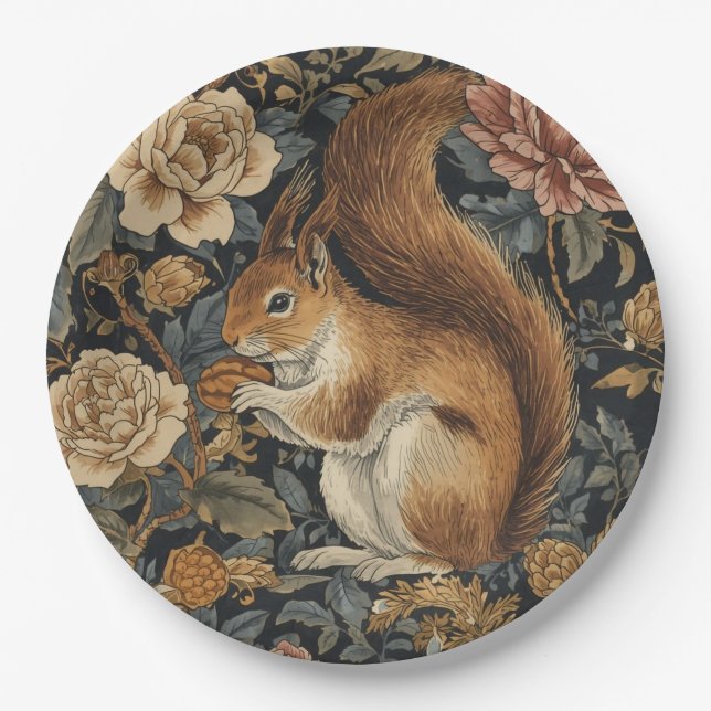 Vintage Eichhörnchen- und Blumenmuster Pappteller (Vorderseite)