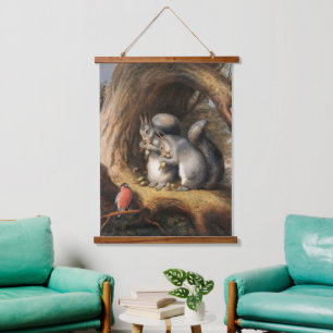 Vintage Eichhörnchen und Vogel Waldlandschaftskuns Wandteppich Mit Holzrahmen