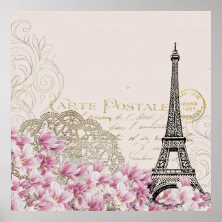 Vintage Eiffel Tower Paris France Romance Rose Poster