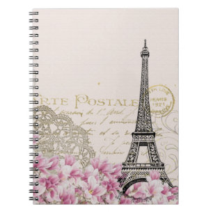 Vintage Eiffel-Turm-Collage mit rosa Wildblumen Notizblock