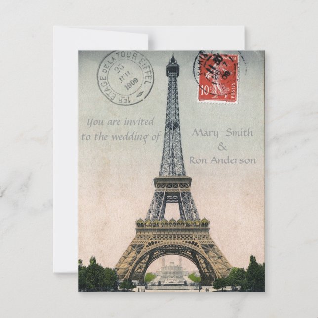 Vintage Eiffel-Turm-Postkarte Einladung (Vorderseite)