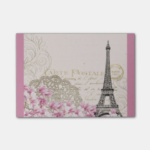 Vintage Eiffelturm-Collage mit rosa Wildblumen Post-it Klebezettel