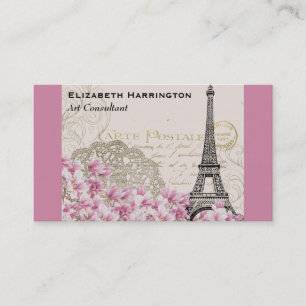 Vintage Eiffelturm-Collage mit rosa Wildblumen Visitenkarte