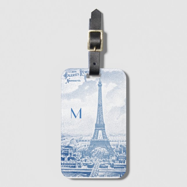 Vintage Eiffelturm in Blau -Monogramm Gepäckanhänger (Vorderseite Vertikal)