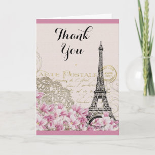 Vintage Eiffelturm mit rosa Blumen Danke