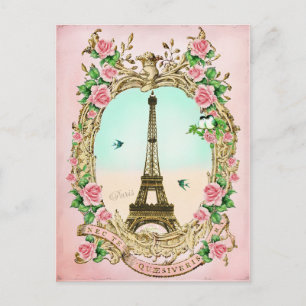 Vintage Eiffelturm mit rosa Rosen Postkarte