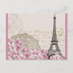 Vintage Eiffelturm mit rosa Wildblumen Postkarte