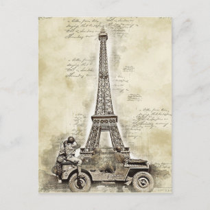 Vintage Eiffelturm Paris Frankreich mit Militär Postkarte