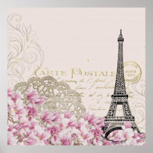 Vintage Eiffelturm Paris Frankreich Romantik Rose Poster