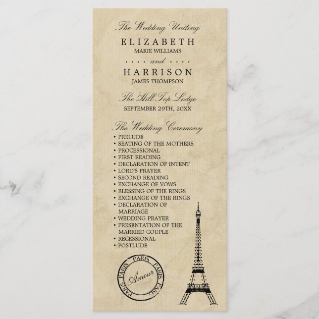 Vintage Eiffelturm Paris Hochzeit Programm (Vorderseite)