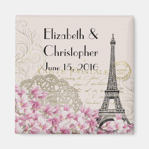 Vintage Eiffelturm und rosa Blumen Hochzeitsdatum Magnet