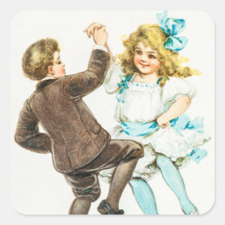 Vintage Ein frohes Weihnachtsfest Junge und Mädche Quadratischer Aufkleber