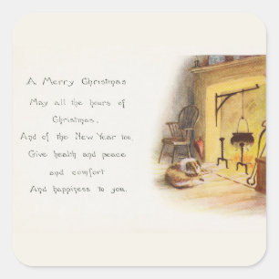 Vintage Ein frohes Weihnachtsgedicht Hund und Kami Quadratischer Aufkleber