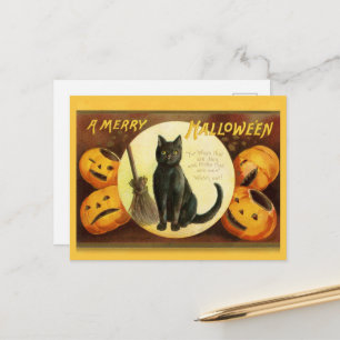 Vintage Ein fröhliches Halloween schwarzer Besen Feiertagspostkarte