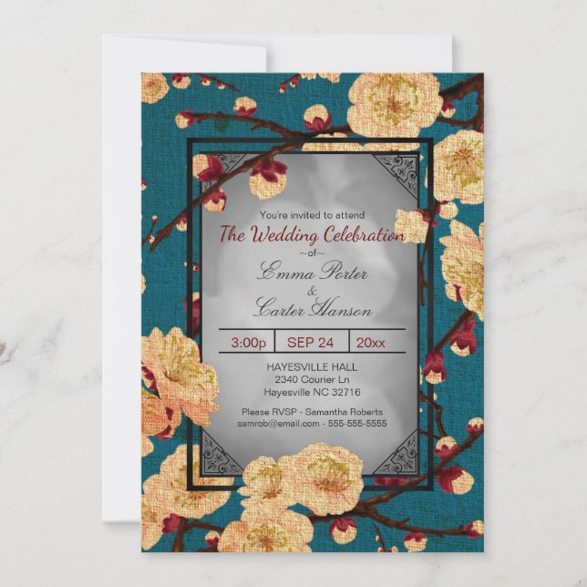 Vintage Einladung von Cherry Blossom zur Hochzeit (Vorderseite)