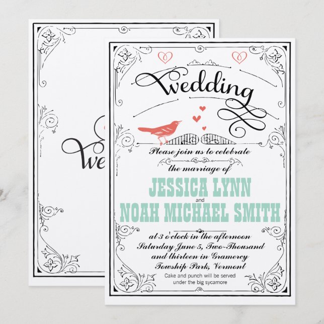 Vintage Einladung von Herzminze und Korallen (Vorne/Hinten)