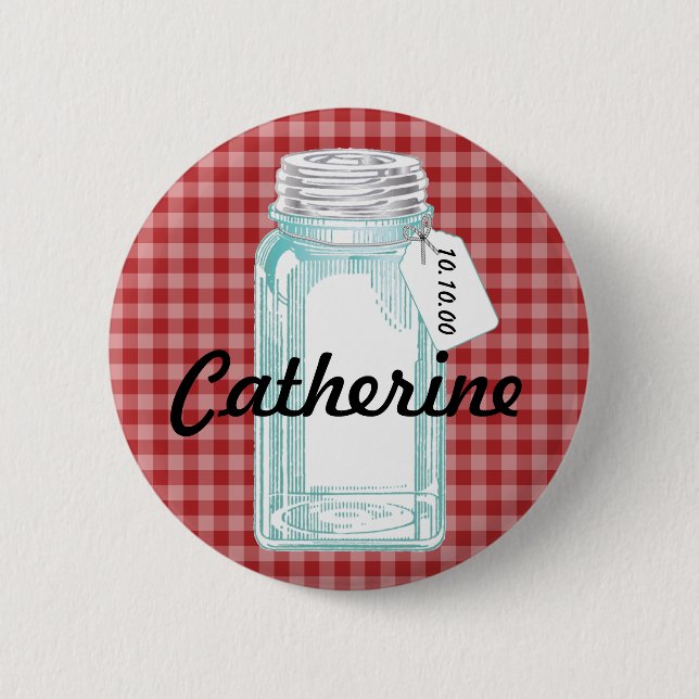 Vintage-Einmachglas mit rotem Gingham-Design Button (Vorderseite)