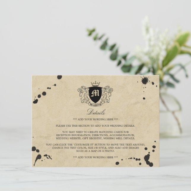 Vintage Einzel- und Tintenfesthalter-Hochzeitsdeta Begleitkarte (Stehend Vorderseite)