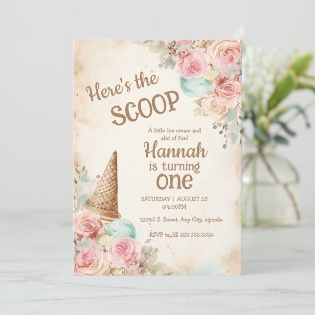Vintage Eiscreme m, Blume und Eistüte Einladung (Stehend Vorderseite)