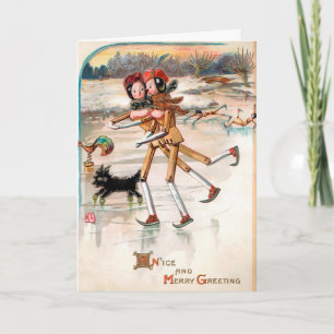 Vintage-Eislauf-Holzpuppen-Feiertagskarte Feiertagskarte