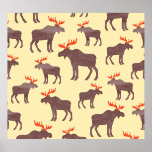 Vintage Elch-Silhouette, Aquarellmuster Poster