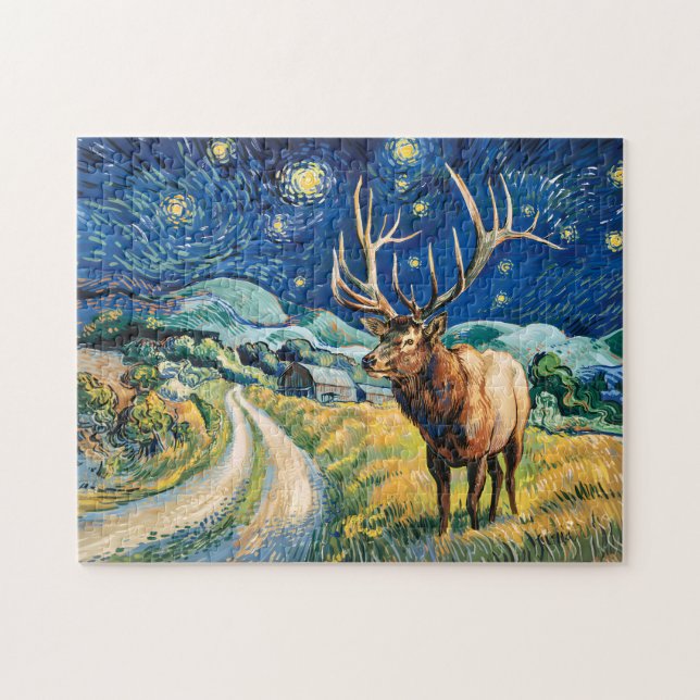 Vintage-Elch-Sternennacht-Van-Gogh-Landschaft Puzzle (Horizontal)