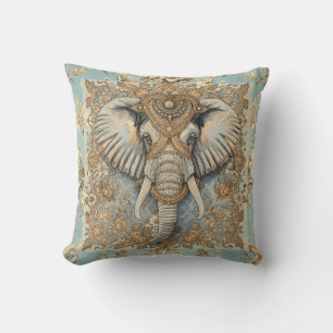 Vintage Elefant, Antiker Elefant, Gold Soft Blau Kissen