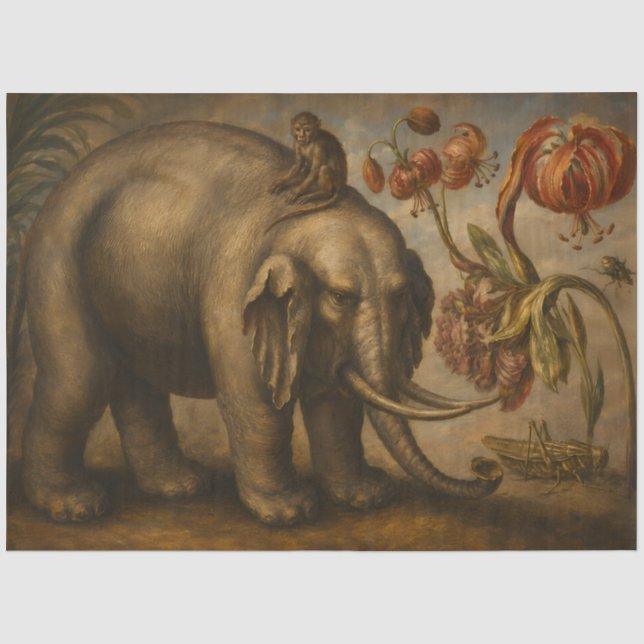 Vintage Elefant und Affe Botanische Ölgemälde Seidenpapier (Vorderseite)