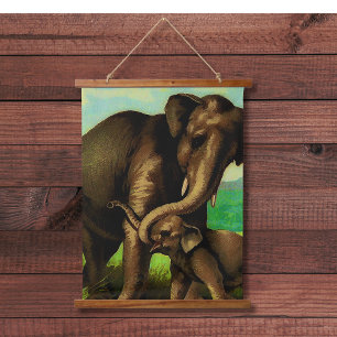 Vintage Elefantenkuh mit ihrem Kalb Wandteppich Mit Holzrahmen