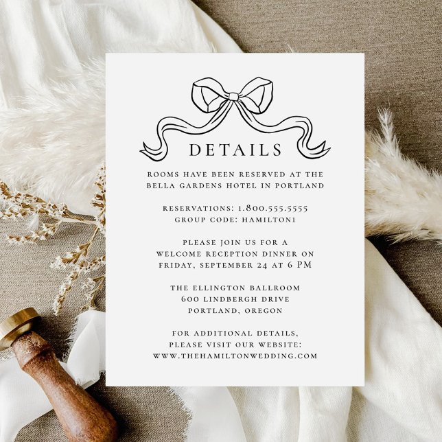 Vintage Elegance Black Bow Wedding Details Begleitkarte (Von Creator hochgeladen)