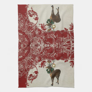 Vintage Elegance Christmas Deer Antlers Damask Geschirrtuch