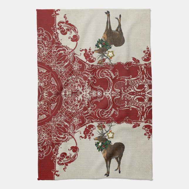 Vintage Elegance Christmas Deer Antlers Damask Geschirrtuch (Vertikal)