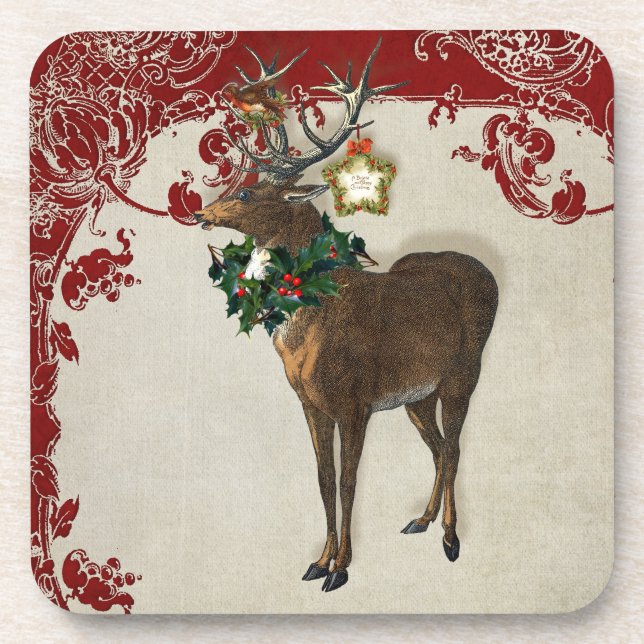 Vintage Elegance Christmas Deer Antlers Damask Getränkeuntersetzer (Vorderseite)