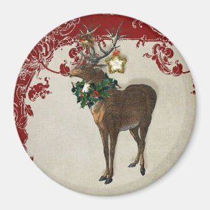 Vintage Elegance Christmas Deer Antlers Damask Magnet
