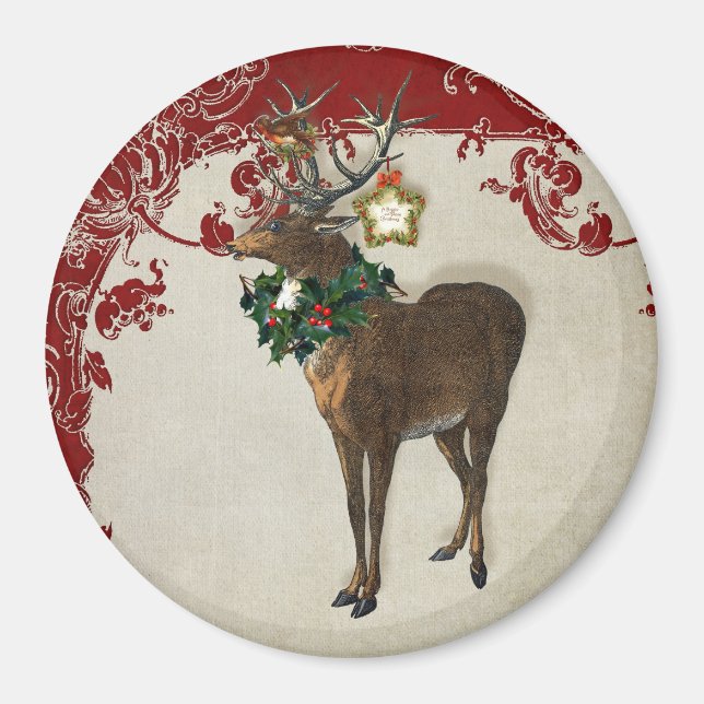 Vintage Elegance Christmas Deer Antlers Damask Magnet (Vorne)
