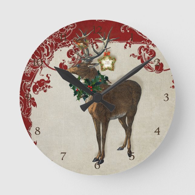 Vintage Elegance Christmas Deer Antlers Damask Runde Wanduhr (Vorderseite)