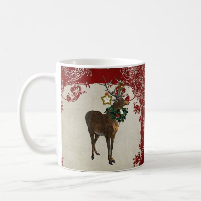 Vintage Elegance Christmas Deer Antlers Damask Tasse (Links)
