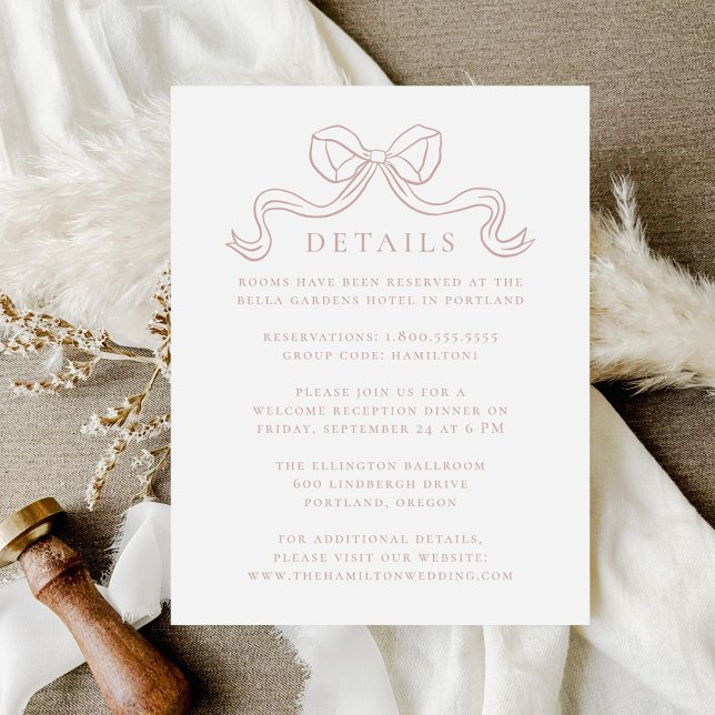 Vintage Elegance Dusty Rose Bow Wedding Details Begleitkarte (Von Creator hochgeladen)