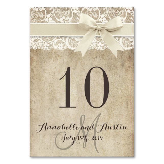 Vintage Elegance Ribbon auf Hochzeitskarte Tischnummer (Vorderseite)