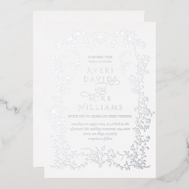 Vintage Elegane Silver Blume Frame Wedding Folieneinladung (Vorderseite/Rückseite)