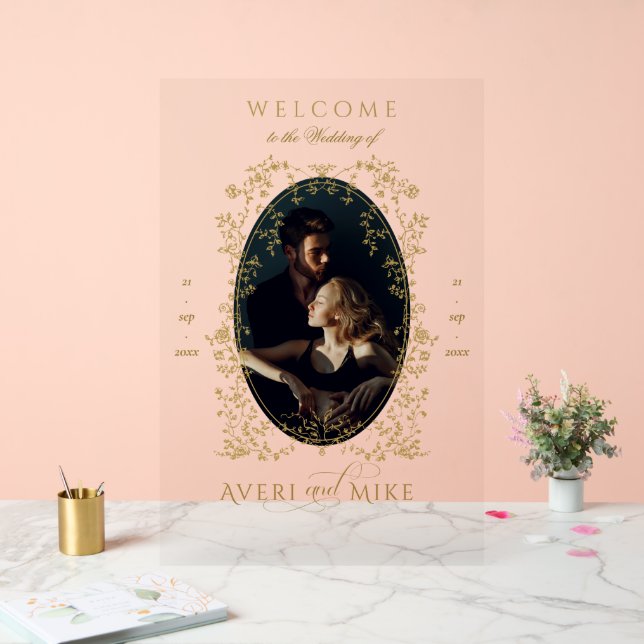 Vintage Elegange Gold Blume Foto Wedding Welcom Acrylschild (Hochzeit)