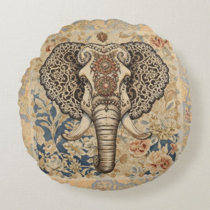 Vintage Elegant, Antiker Elefant, Pfirsich Blau Be Rundes Kissen