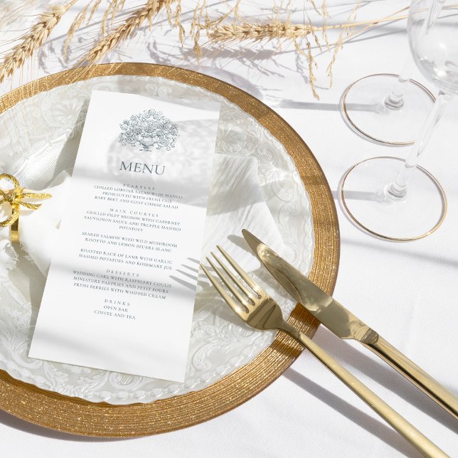 Vintage Elegant Dusty Blue Baroque Wedding Menükarte (Von Creator hochgeladen)