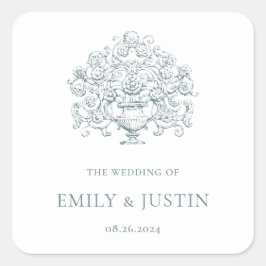 Vintage Elegant Dusty Blue Baroque Wedding Quadratischer Aufkleber