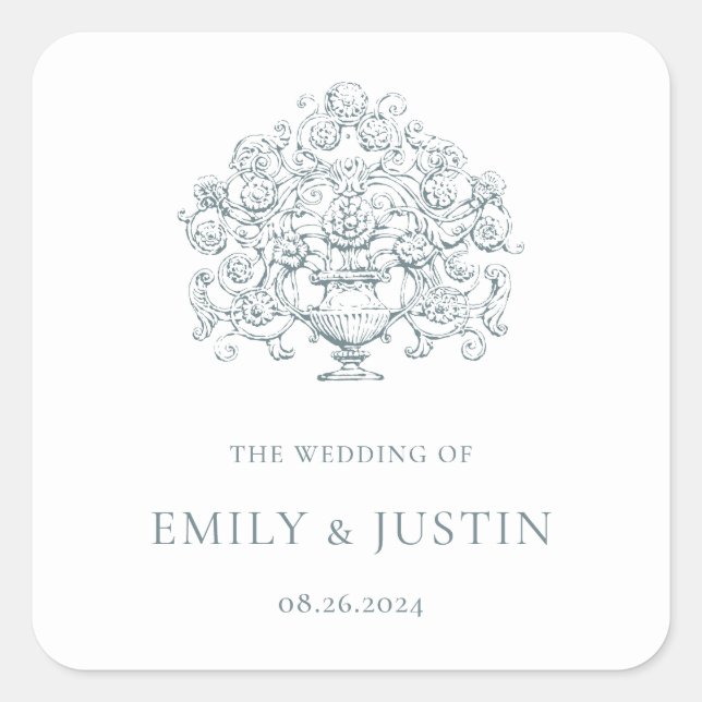 Vintage Elegant Dusty Blue Baroque Wedding Quadratischer Aufkleber (Vorderseite)