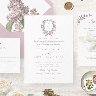 Vintage Elegant Leaf Wreath Monogram Wappen Weddin Einladung