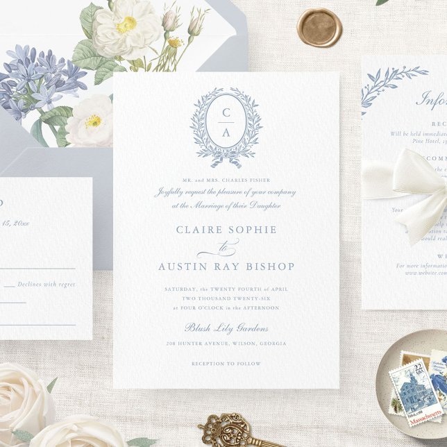 Vintage Elegant Leaf Wreath Monogram Wappen Weddin Einladung (Von Creator hochgeladen)