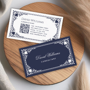 Vintage Elegant Navyblau Weiße Schrift und QR-Code Visitenkarte