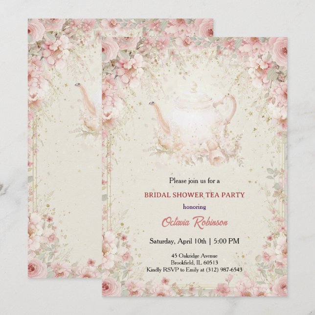 Vintage Elegant Tea Party Bridal Shower Invitation Einladung (Vorne/Hinten)