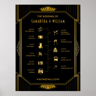 Vintage Elegante Art Deco Gold Hochzeits-Zeitplan Poster
